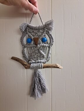 Handmade Gray Macramé Owl Wall Hanging with Blue Eyes